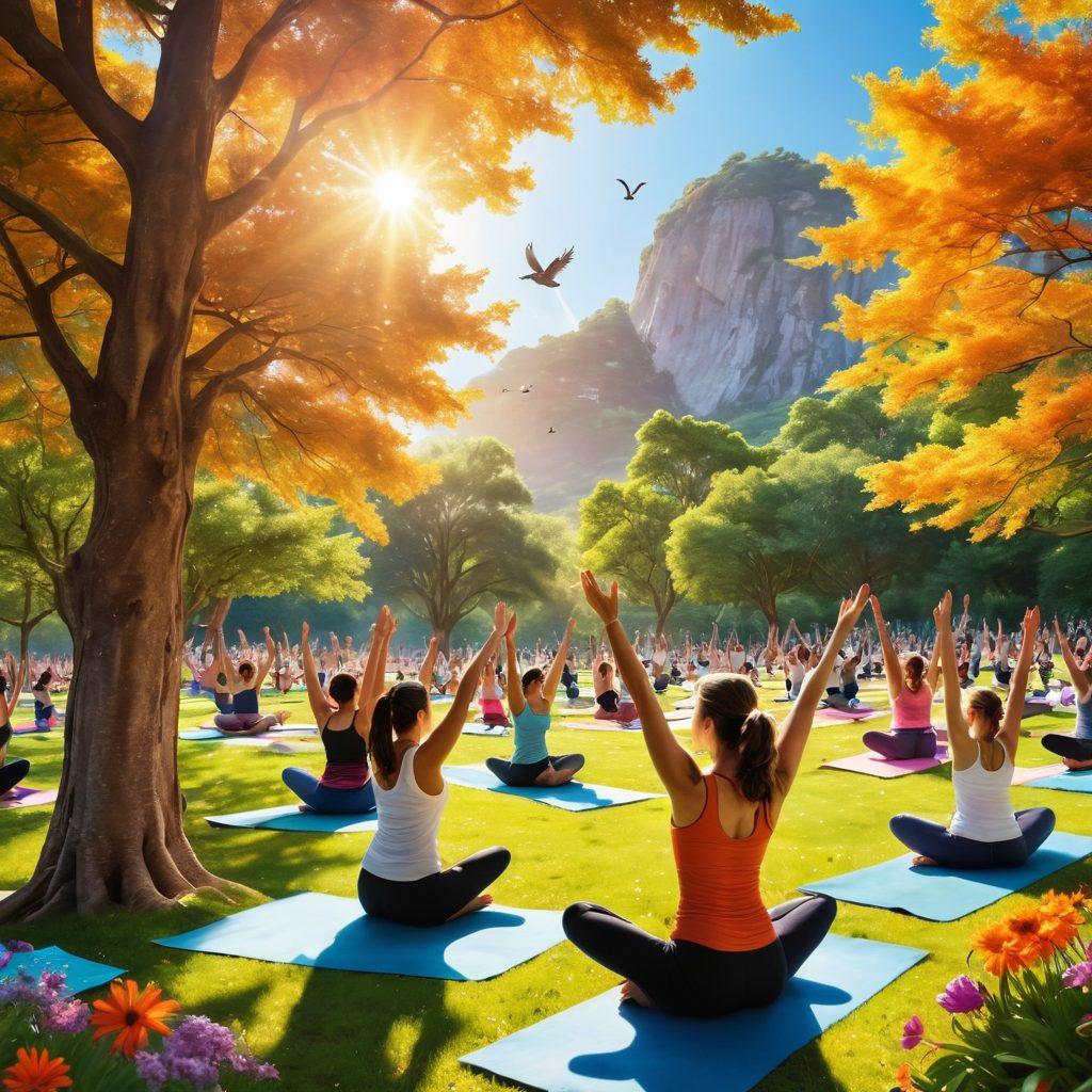 A serene, sunlit park with people engaging in joyful activities like yoga, laughter, and reading under trees. Colorful flowers bloom around, while birds soar in a bright blue sky. Include diverse individuals glowing with happiness, representing positive energy and emotional well-being. vibrant colors. super-realistic.