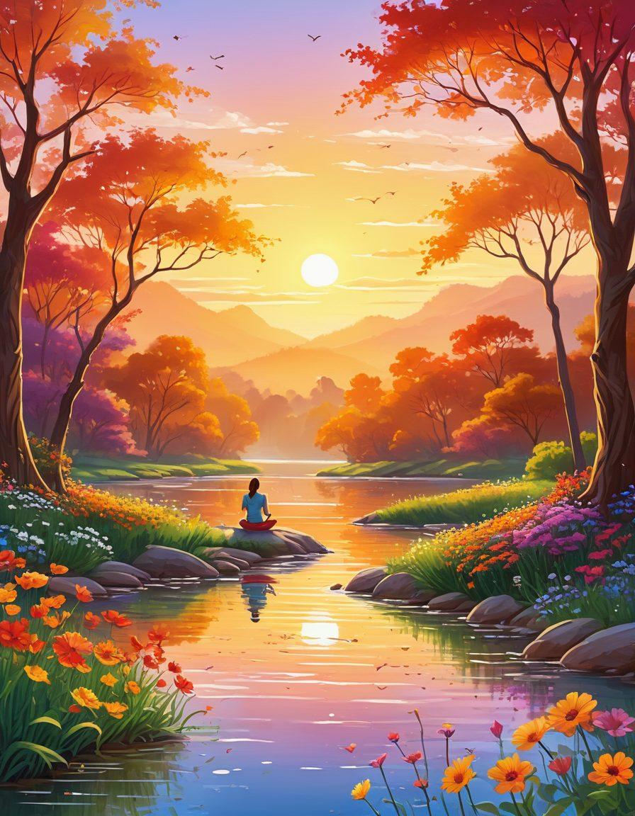 A bright, radiant sunrise illuminating a serene landscape with blooming flowers, a serene river, and a group of diverse, happy people engaging in positive activities like yoga, reading, planting, and sharing laughter. Include vibrant colors, soft glows, and joyful expressions to evoke a sense of ultimate happiness and peace. Vector art. vibrant colors.