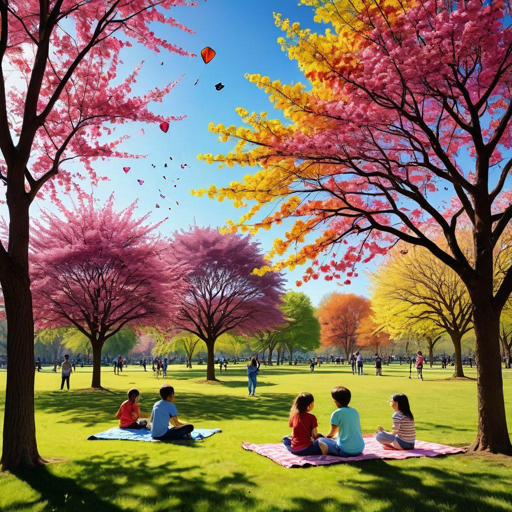 A lively, sunlit park scene with various joyful activities; people laughing, kids flying colorful kites, friends playing frisbee, and a person meditating under a blooming cherry tree. Symbols of happiness like hearts, smiles, and musical notes subtly integrated. vibrant colors. super-realistic.